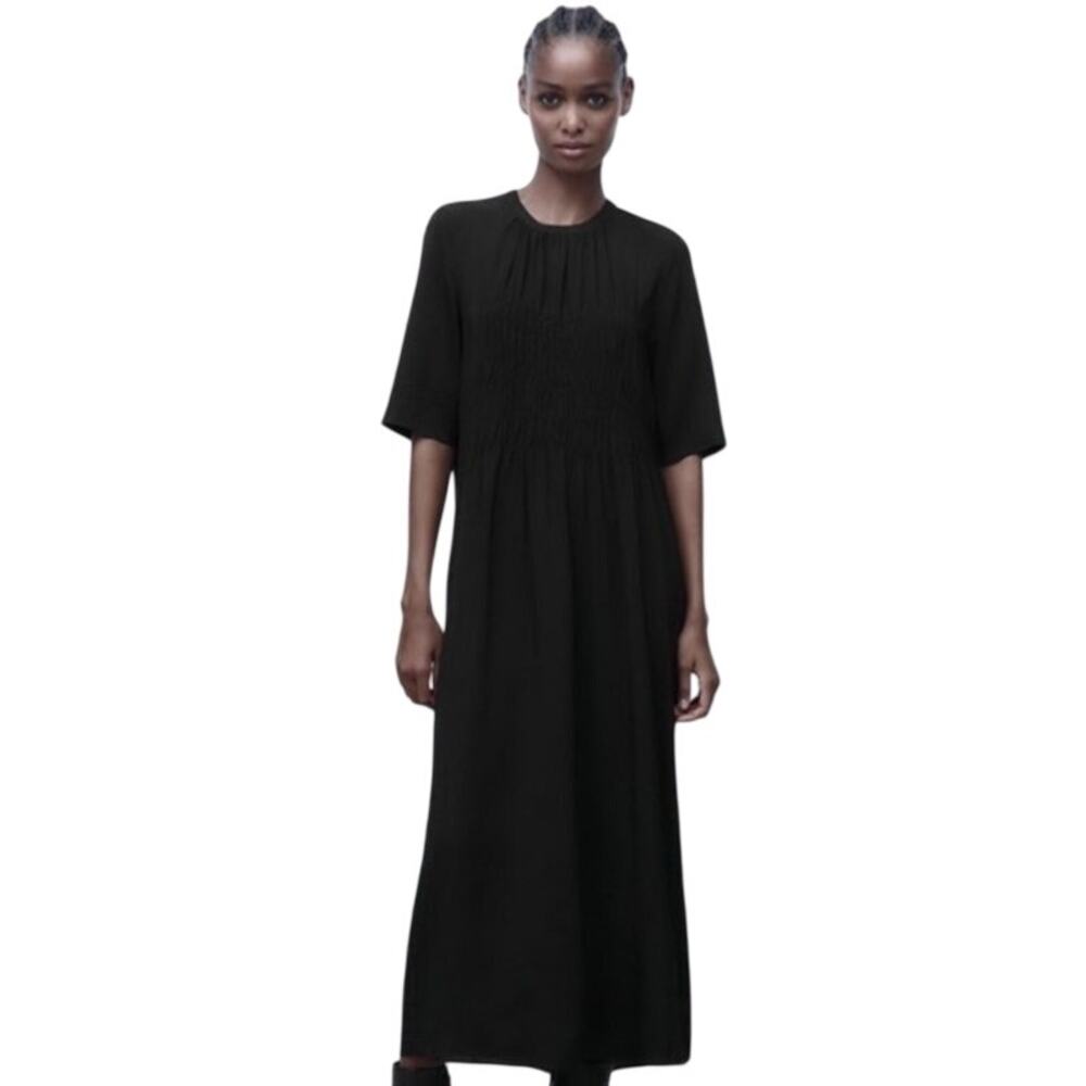Zara Women's Short Sleeve Smocked Pleated Midi Dress Black Size M